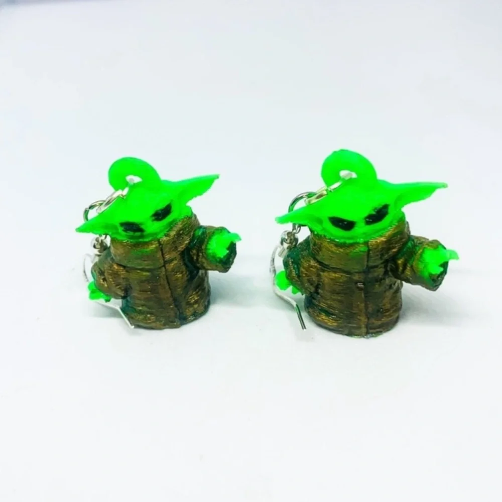New S925 Sterling Silver Handmade Baby Yoda Earrings 3D Printed Hand Painted